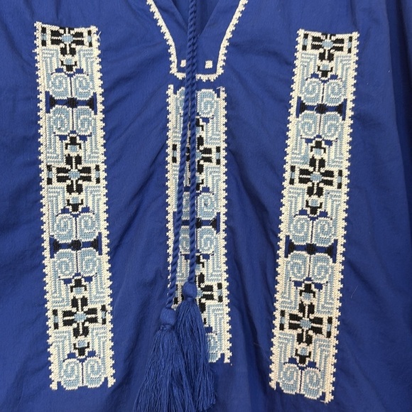 Crown & Ivy | Blue Embroidered Split Neck Tassel Tie Long Sleeve Bohemian Top M - Picture 13 of 16